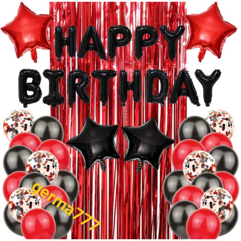 Paket Pesta Set Dekorasi Dewasa Ulang Tahun Balon Foil Happy Birthday Hitam Merah Dekor Ultah Simple