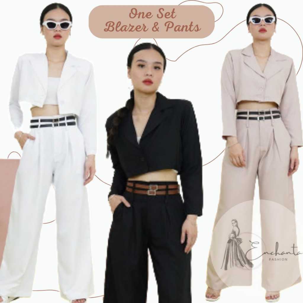 Enchanta One Set Blazer Crop Top & Pants One Set Blazer dan celana panjang kantor bahan jatuh 026