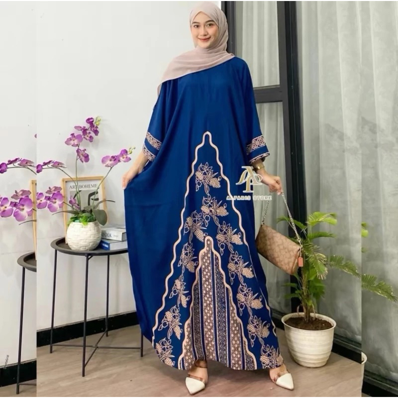 Kaftan Wanita - Daunda Kaftan Size Jumbo XXXXL Motif Daun Lengan Panjang Busui Resleting by Nadira_Fashion / Gamis Rayon Jumbo Kaftan Terbaru-India navy