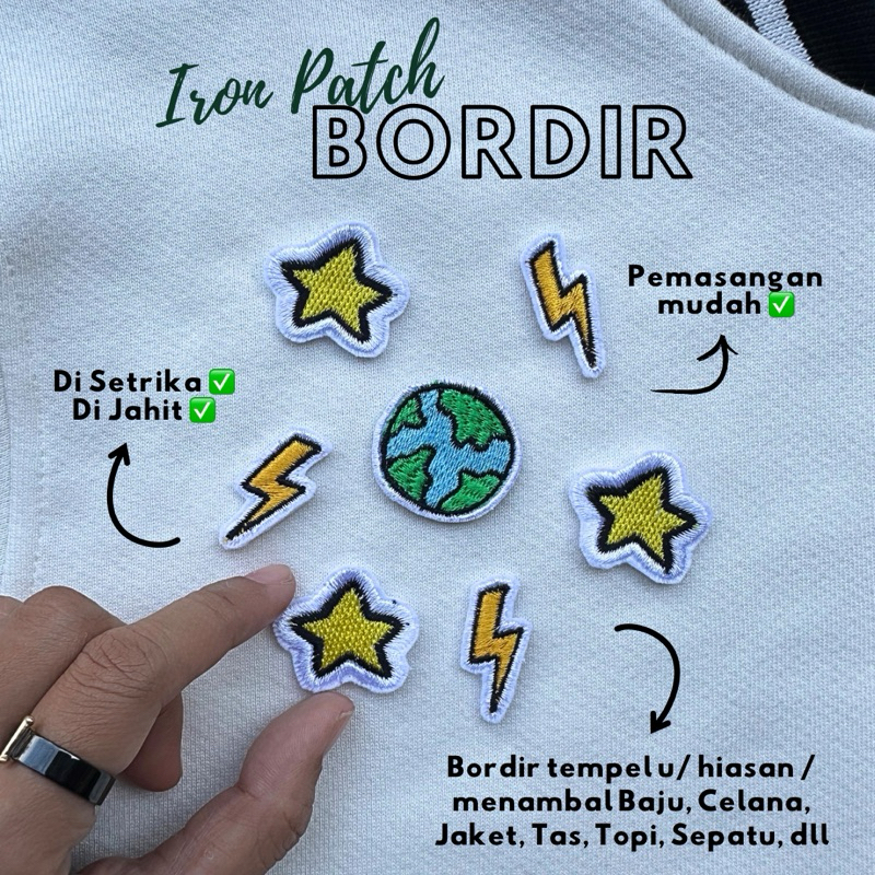 ( TINGGAL SETRIKA ) Iron Patch Bordir Mini Globe Dunia Star Bintang Petir Bordir Karakter Emblem Bor