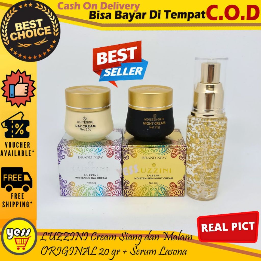 LUZZINI Cream Siang dan Malam ORIGINAL 20 gr + Serum Lasona Mencerahkan Wajah COD - YESS