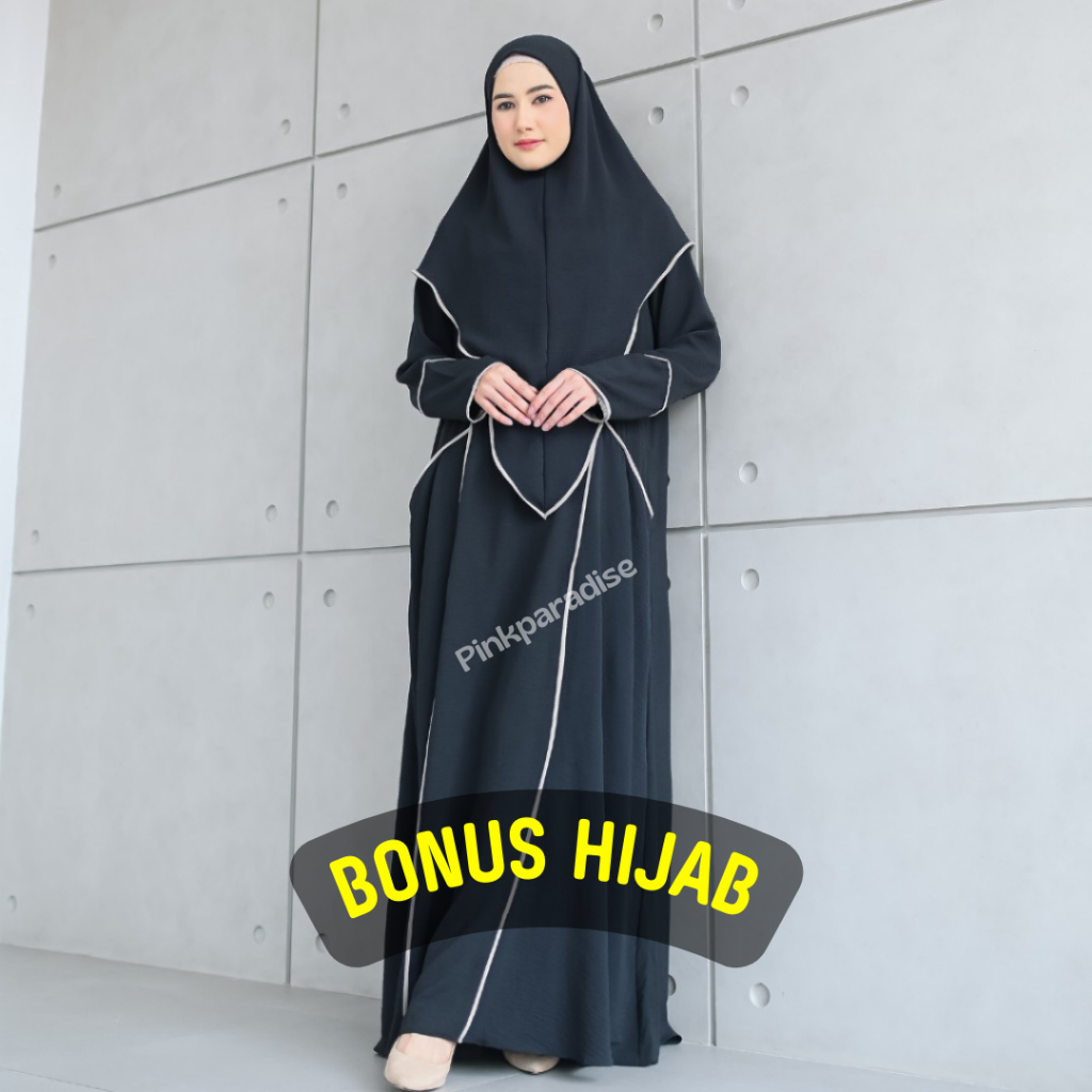 Pinkparadise - Gamis Terbaru Set Hijab Dress Wanita Abaya Hitam Korean Style Lebaran 2024