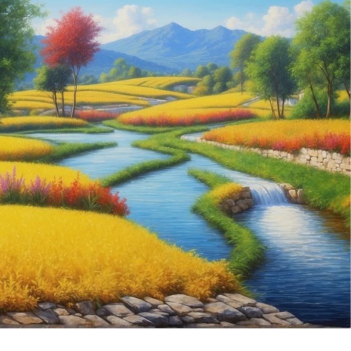 Lukisan Pemandangan Indah dengan Air dan Terasering Padi