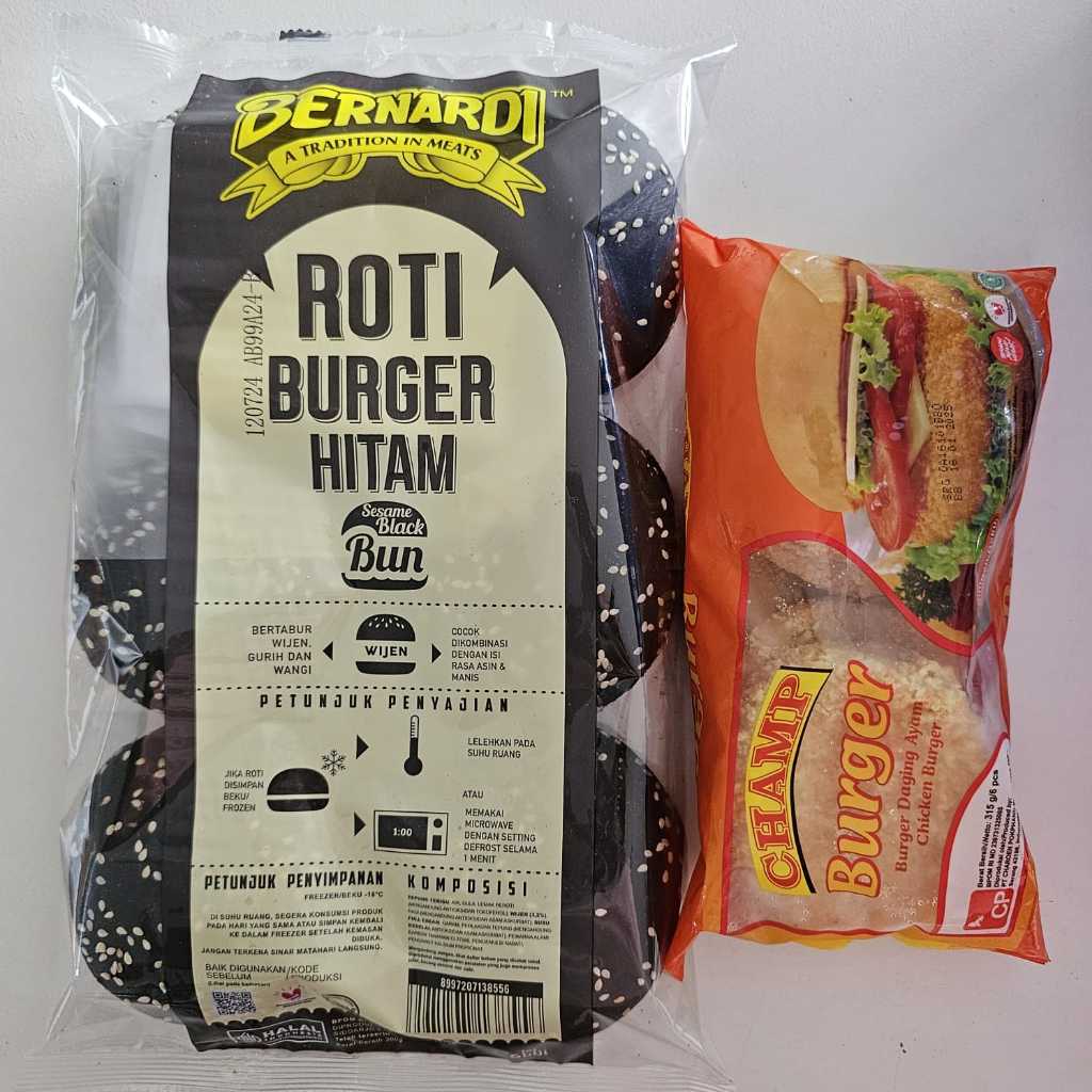 

( PAKET) BERNARDI burger hitam wijen + CHAMP chicken burger 6s