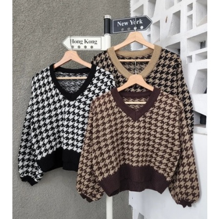 Crop Sweater Houndstooth Rajut Murah