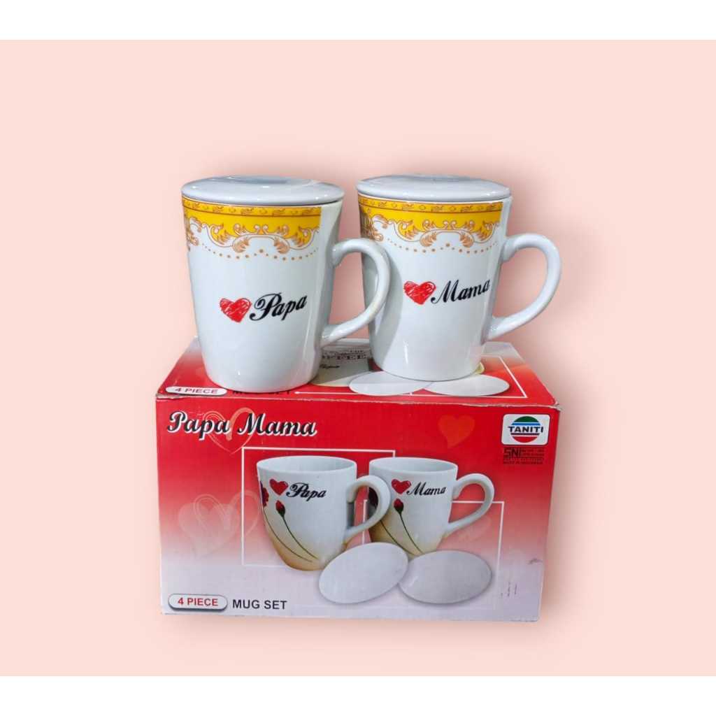 MUG SET PAPA MAMA KERAMIK / GELAS COUPLE PAPA MAMA MAHKOTA + TUTUP - MURAH