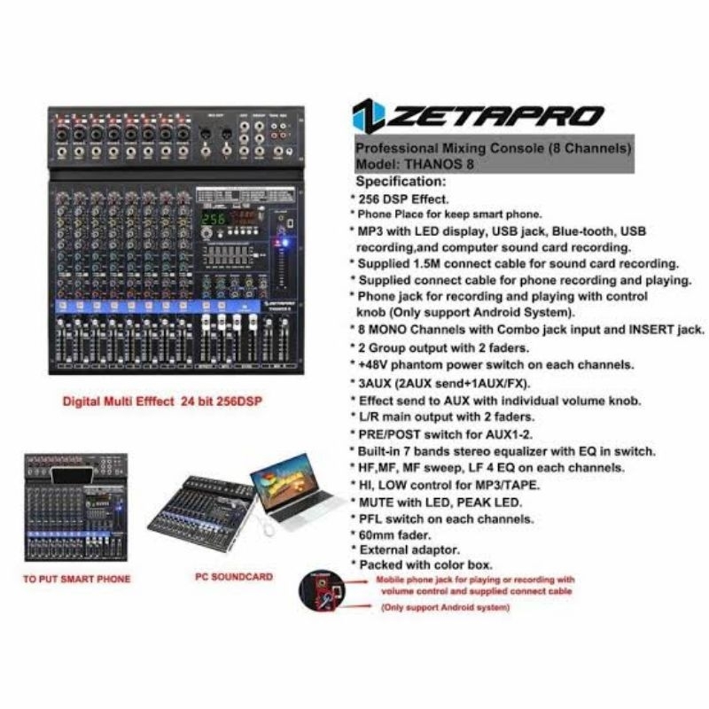 ZETAPRO THANOS8 MIXER MULTI EFFECT 24 BIT 199DSP ZETAPRO THANOS 8 (8 CHANNEL)