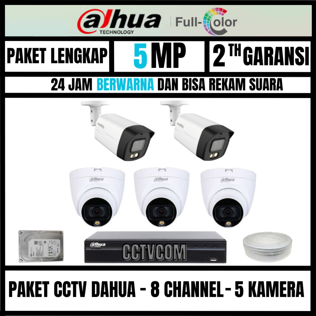 PAKET CCTV DAHUA 5MP COLORVU COLORFUL 8 CHANNEL 5 CAMERA TURBO HD