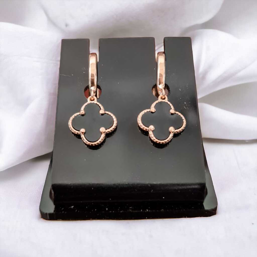 ANTING WANITA VAN CLEEF VINTAGE CLOVER BUNGA HITAM EMAS ASLI 70% 16.8K TINDIK GIWANG KLIP CLIP ASLI 