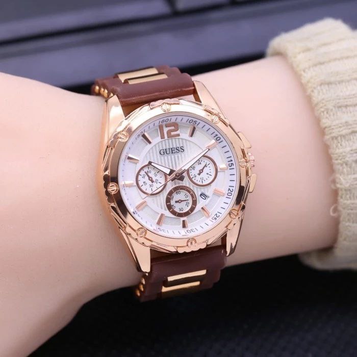 JAM TANGAN WANITA GUESS KARET CHRONO VARIASI COKLAT FREE BOX