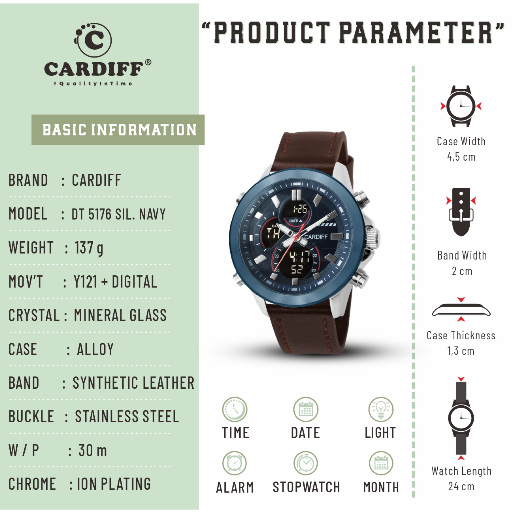 CARDIFF Dual TIme 5176 Jam Tangan Digital Analog Casual Pria Tali Kulit