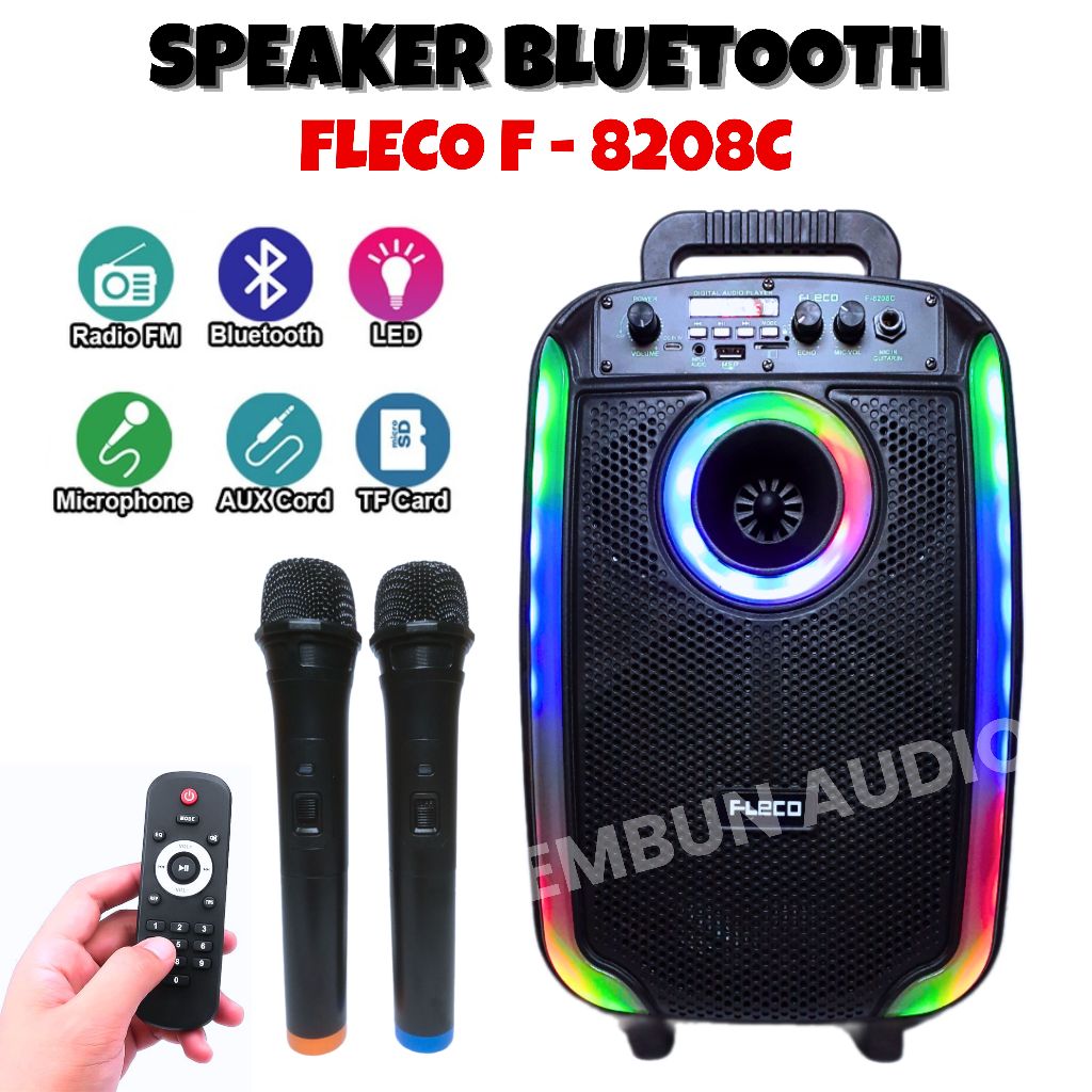Speaker Bluetooth 8inch LED Free 2 MIC Wireless Karaoke FLECO F-8208C Speaker Karaoke Full Bass