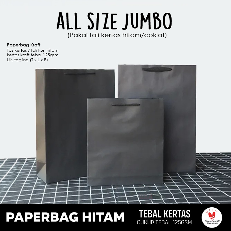 

(SIZE JUMBO) Paper Bag Hitam Semua Ukuran / Paper Bag Jumbo Hitam Packing Olshop / Papper Bag Kado Baju, Kerudung, Souvenir