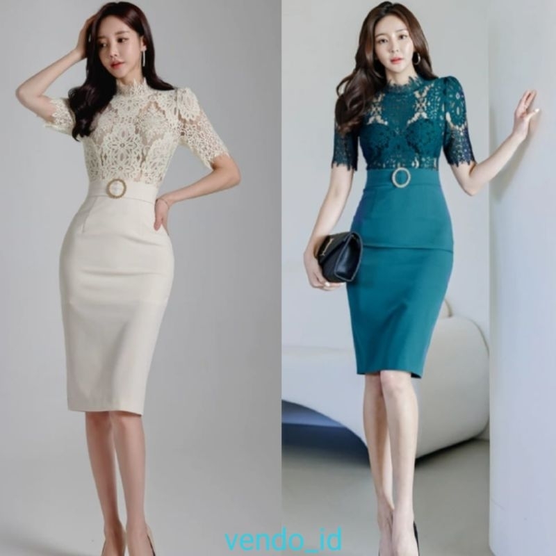 lace midi dress brukat brocade broken white turqoise hijau tosca bodyfit bodycon acara casual basic 