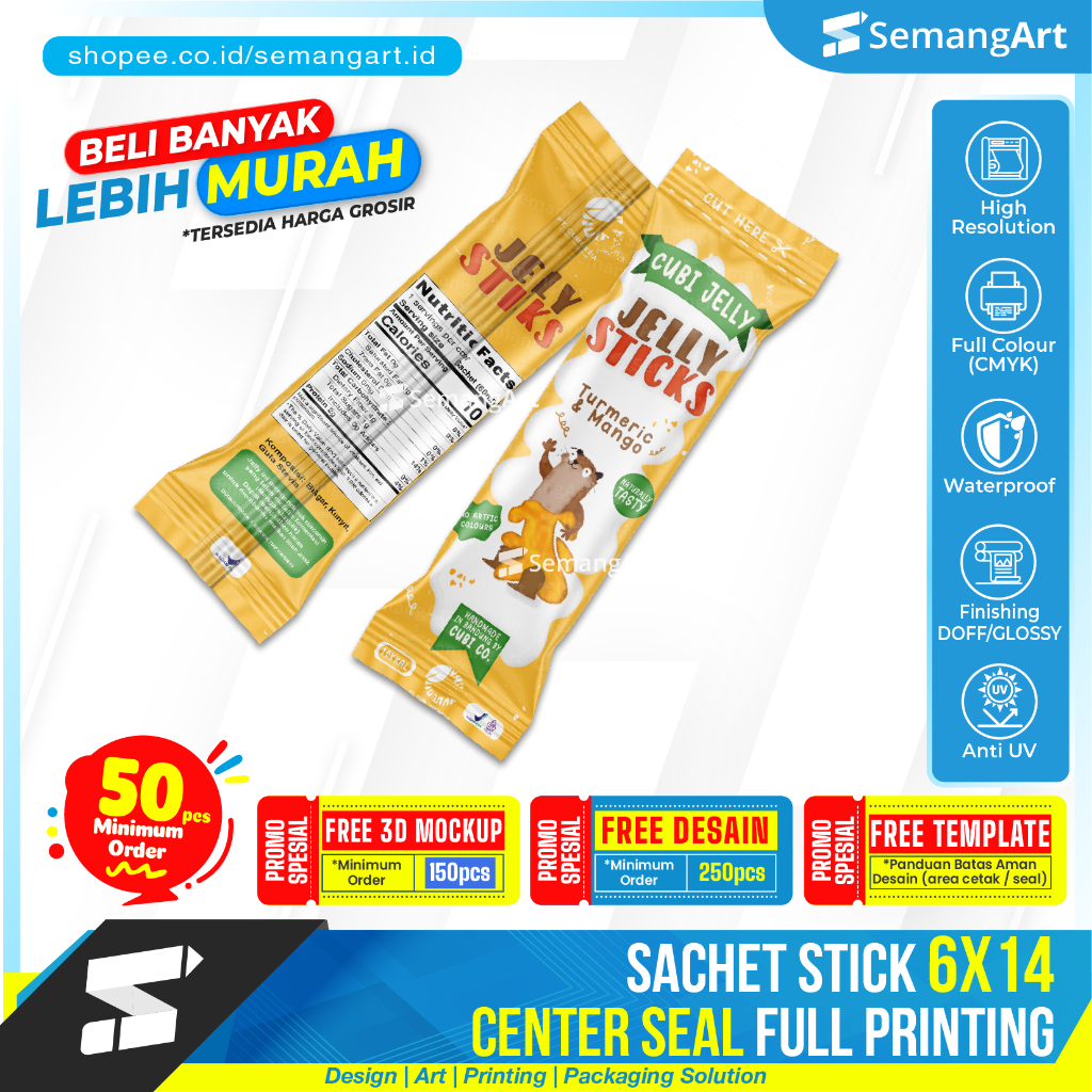 

Kemasan Sachet Center Seal 6x14 Bungkus biskuit Bar Minuman Serbuk Collagen kopi Makanan Full Printing Desain Custom