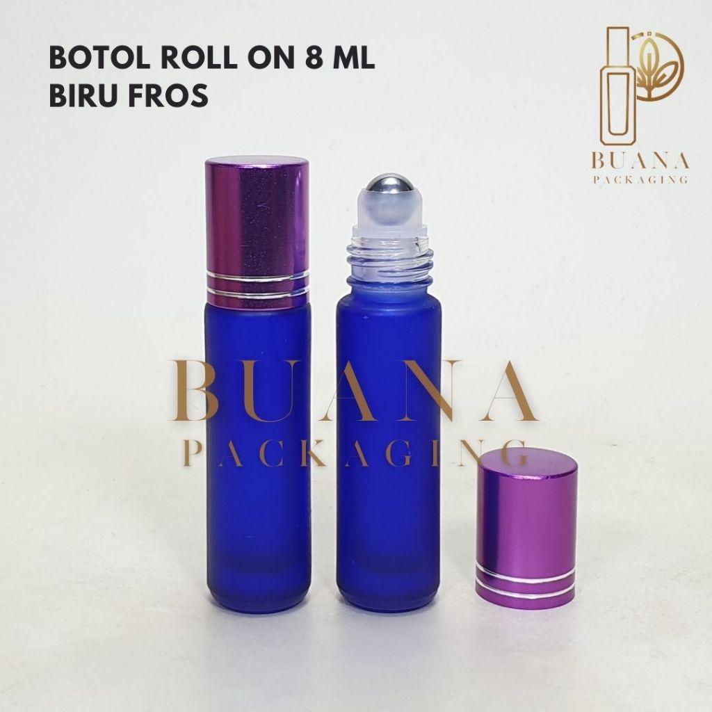 Botol Roll On 8 ml Biru Frossted Tutup Stainles Pink Shiny Bola Stainles / Botol Roll On / Botol Kaca / Parfum Roll On / Botol Parfum / Botol Parfume Refill / Roll On 10 ml