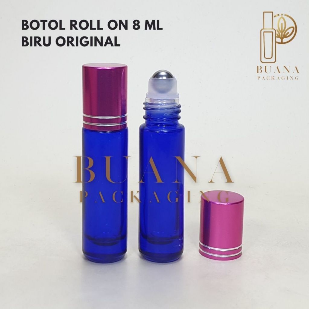 Botol Roll On 8 ml Biru Original Tutup Stainles Pink Shiny Bola Stainles / Botol Roll On / Botol Kaca / Parfum Roll On / Botol Parfum / Botol Parfume Refill / Roll On 10 ml