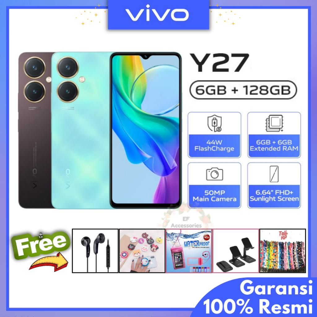 VIVO Y27 4G 6/128 GB CAMERA 50MP FLASH CHARGE 44W EXTENDED RAM 6GB BATERAI 5000mAh FREE BONUS GARANS