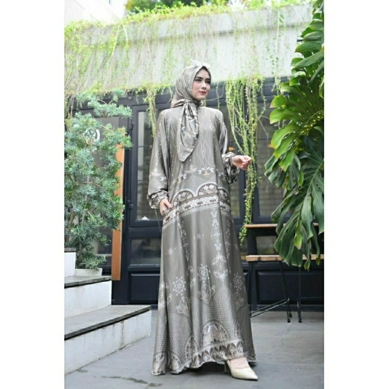 Gamis Set Hijab Armani Silk Premium motif Etnik Coin
