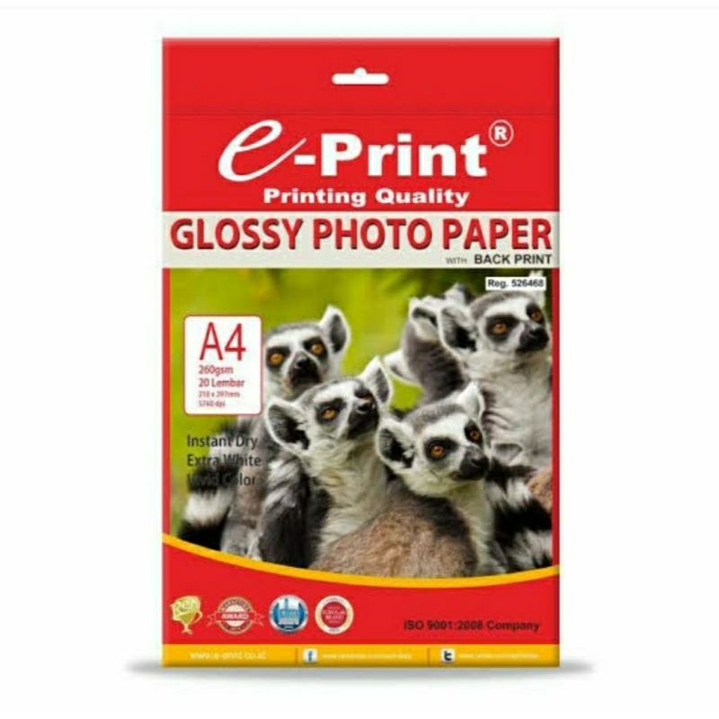 Kertas Foto e Print 260 GSM A4 isi 20 Lembar Dengan Watermark/ Photo Paper Glossy Back Print 260 gra