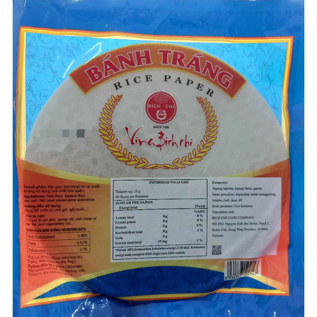 

GR BANH TRANG RICE PAPER 400 GR UKURAN 22 CM KULIT LUMPIA VIETNAM VINA BICH CHI