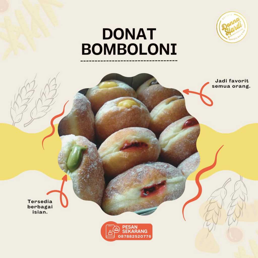 

Donat Bomboloni Aneka Rasa Coklat, Matcha, Blueberry, Mix Topping