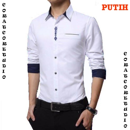 CHAMELEON Hem Pria Kemeja Cowok Jumbo Big Size Panjang Polos Kantong Saku Bordir PUTIH Kemko Baju Mu