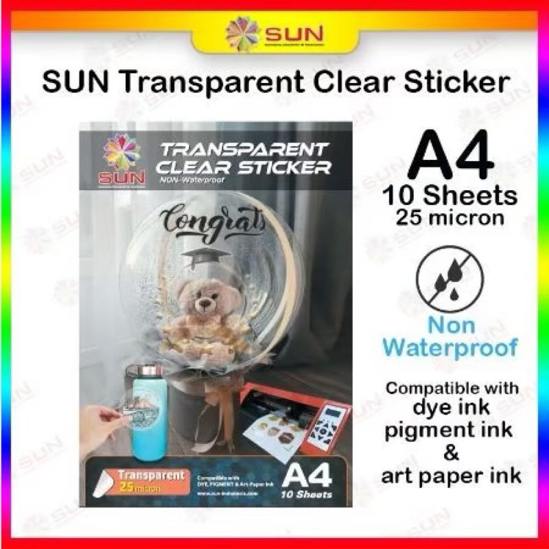 

10 Lembar Kertas Sticker Transparan Non Waterproof A6 Sun Grakitec