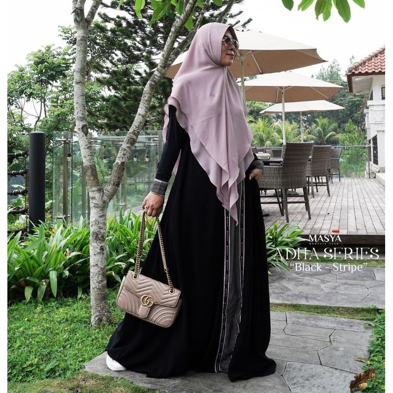 Set Baju Gamis Dress Hitam Jetblack Black Stripe Mewah Premium Ori Branded Masya Syari Original Terb