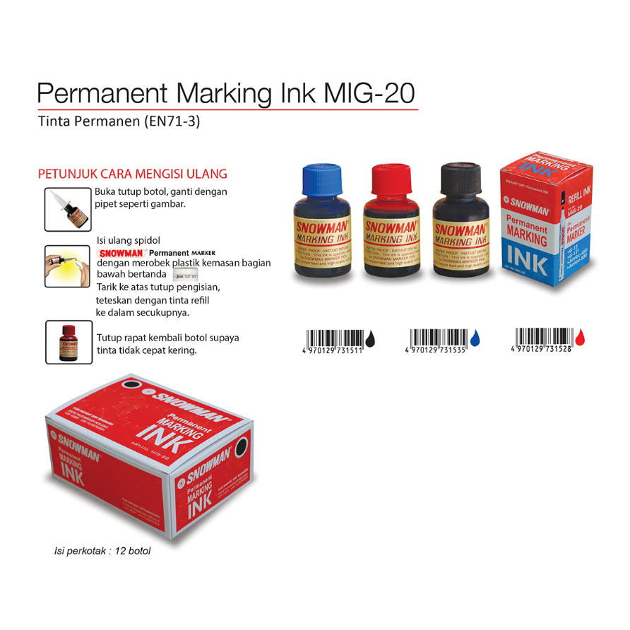 

12 PCS TINTA REFILL SPIDOL SNOWMAN PERMANEN / TINTA SNOW G-12 HT MIG-20 PERMANENT (12/240)