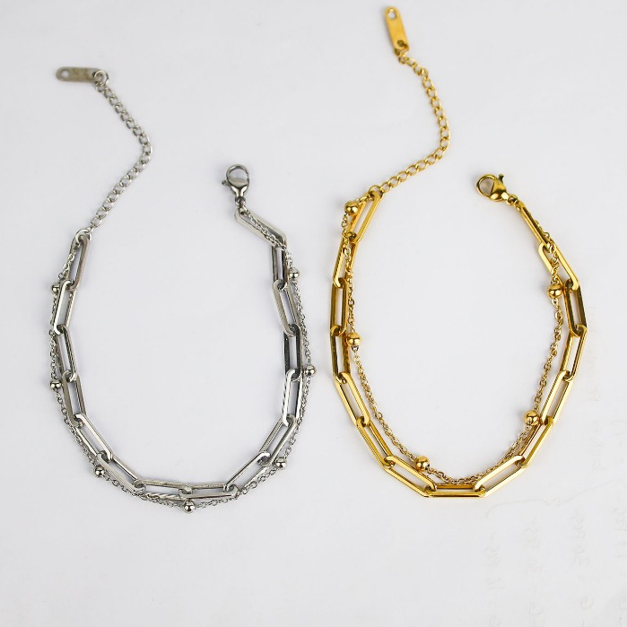 New Gelang Tangan Dua Layer Simpel Rantai Kombinasi Titanium Import Anti Karat Harga Grosir Bisa Cod