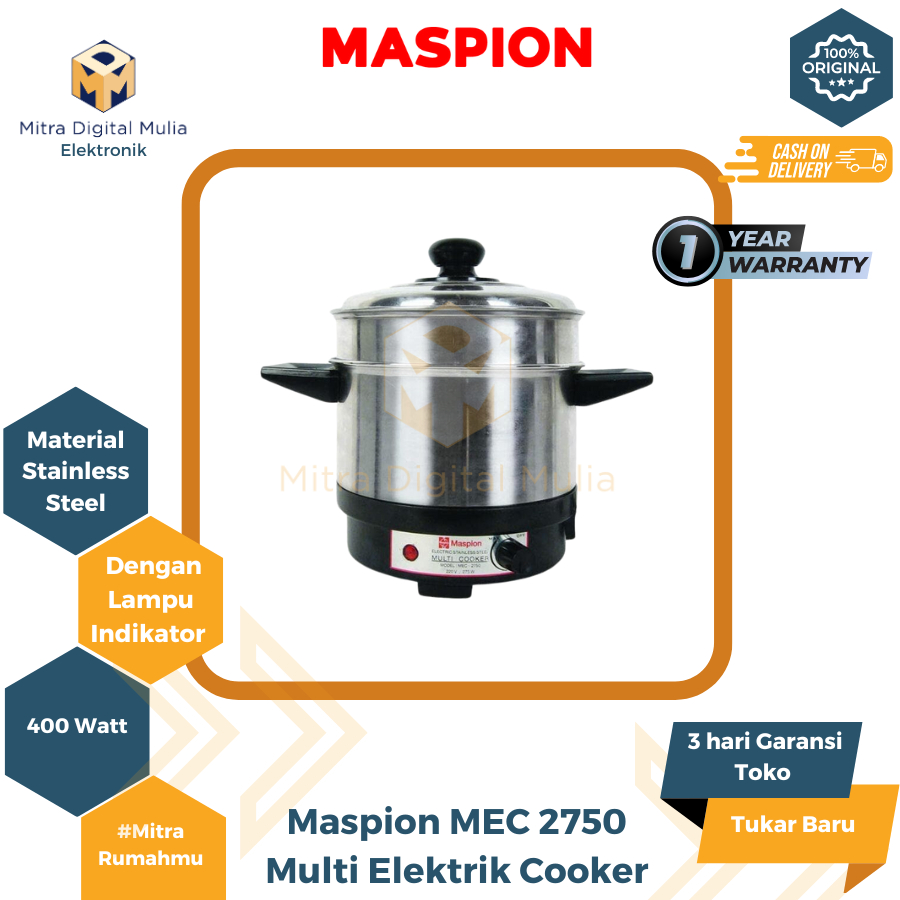 Maspion MEC2750 Alat Masak Serbaguna 0.7 Liter Panci Stainless Steel Dilengkapi Steamer Pengatur Pan