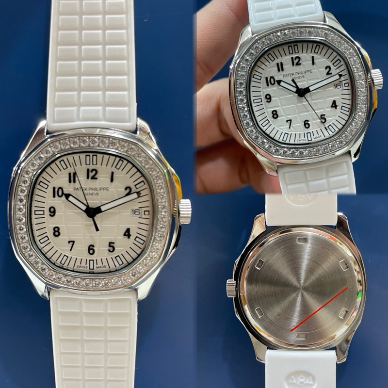 JAM TANGAN WANITA/CEWEK PATEK PHILIPPE AQUANUT DIAMOND RING KARET PUTIH SILVER PREMIUM JAPAN AAA TAN