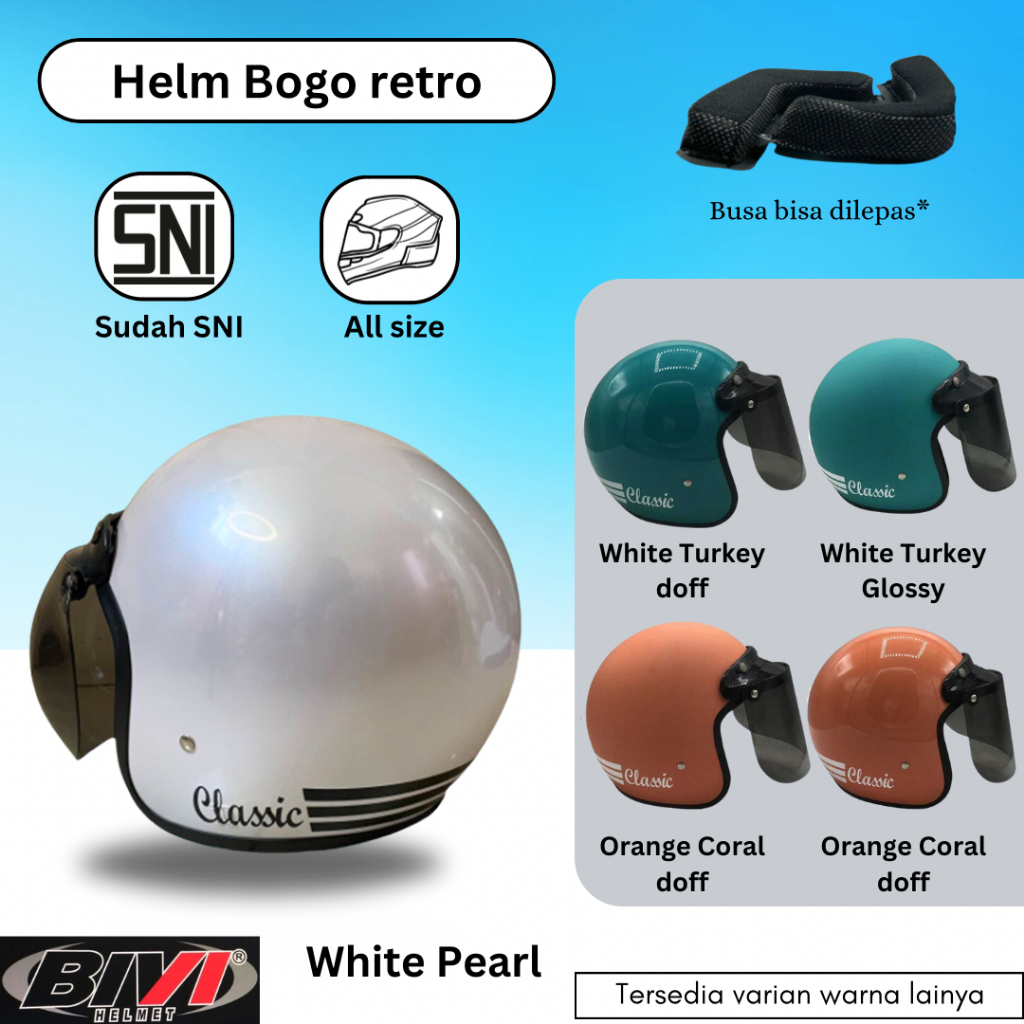 Helm Bogo Dewasa Classic Retro SNI Cepol Hijab Wanita Pria Mixed Color Warna Putih Hijau Coral Gloss