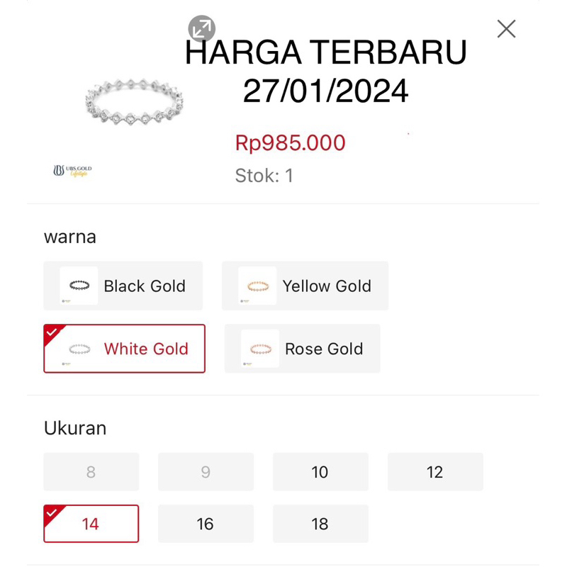 Cincin emas white gold UBS