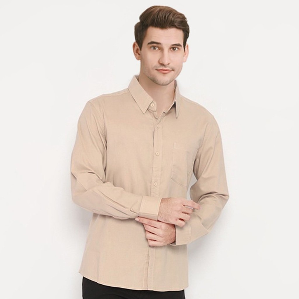 Baju Kemeja Pria Lengan Panjang Polos Distro Premium Slimfit Warna Cream Coksu Kekinian Ukuran M L X