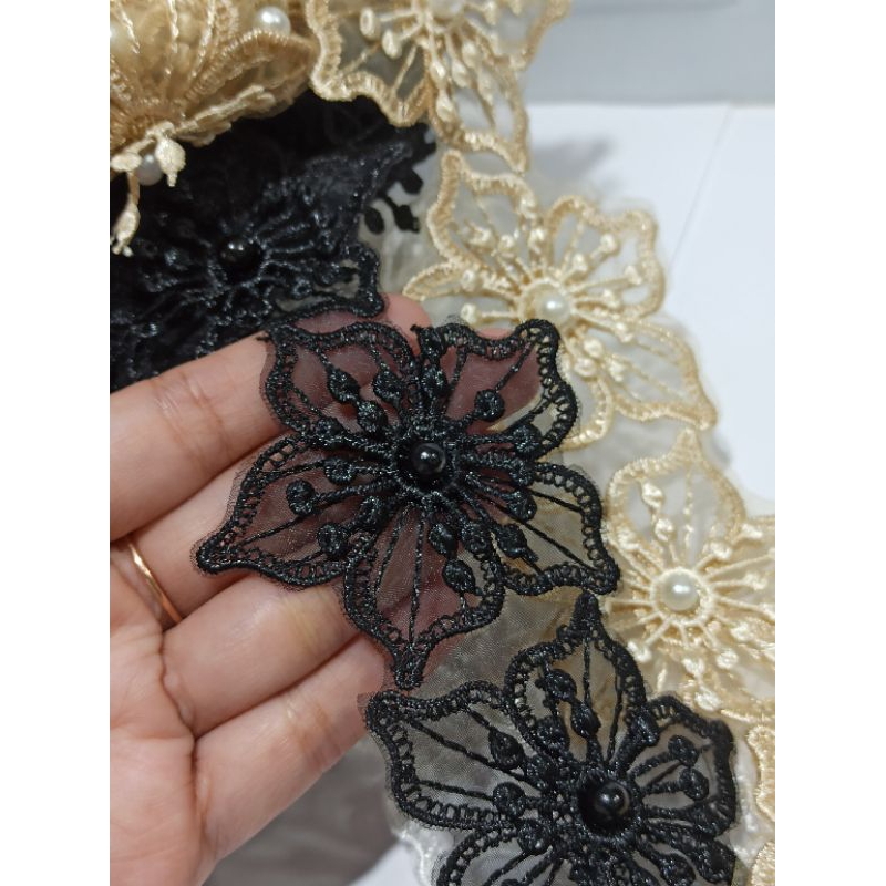 Renda Bunga Bordir Mutiara / Renda Bunga Bordir Variasi Pakaian Kebaya/ Renda Bunga Transparan
