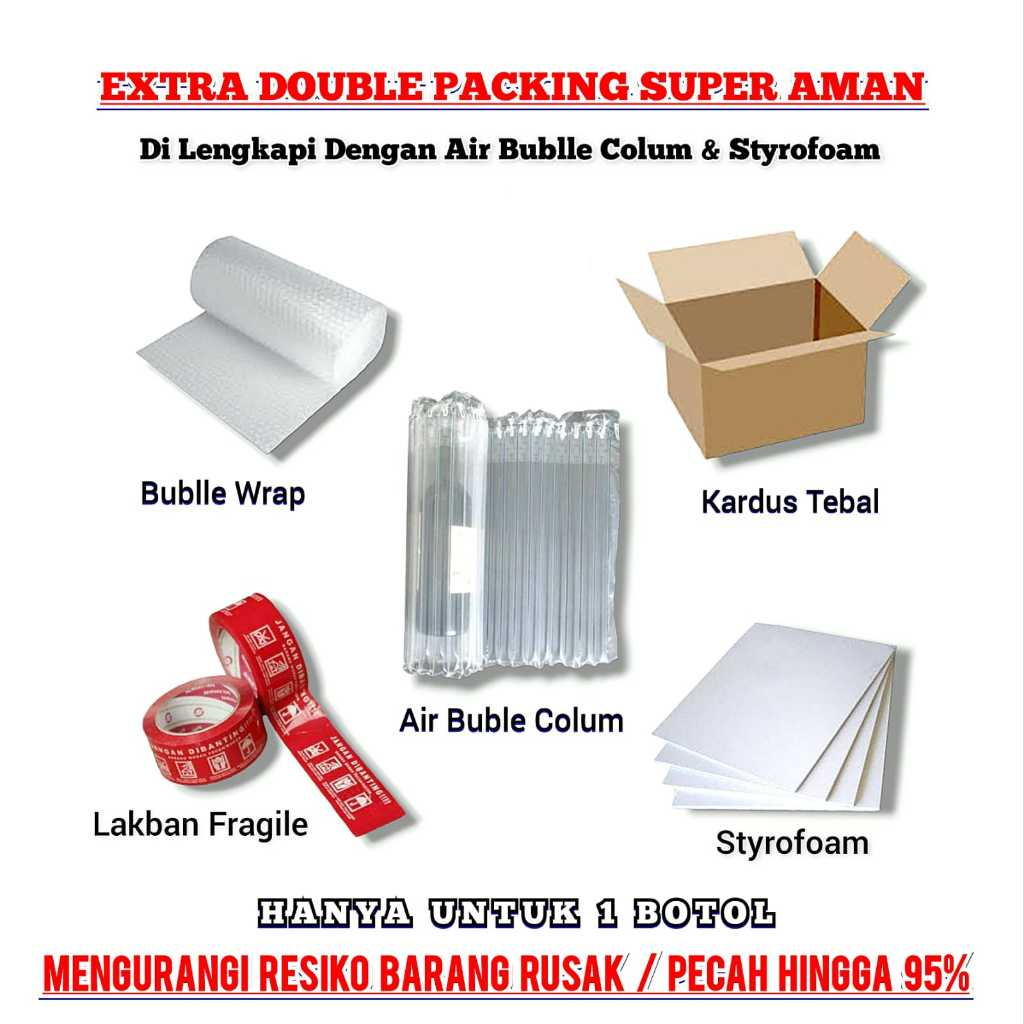 

[ Extra Packaging ] Extra Double Packing Super Aman ( Di Lengkapi Dengan Air Bublle Column & Styrofoam ) Untuk 1 Botol