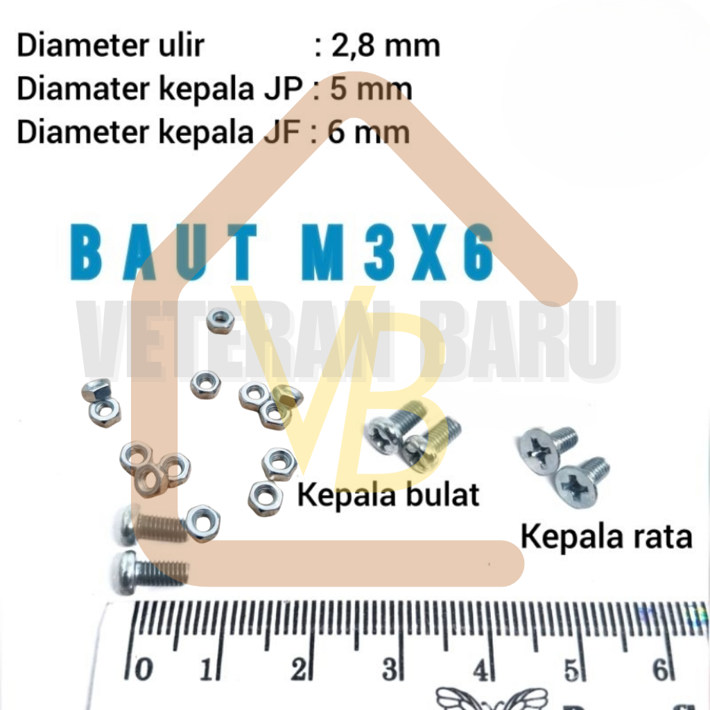 baut Mur M3 x 6 kepala bulat atau kepala rata baut elektronika JF rata JP Bulat