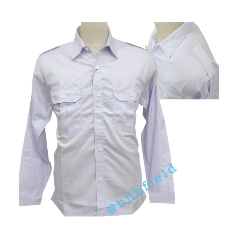 KEMEJA SERAGAM PDH PNS ASN PUTIH PANGKAT LENGAN PANJANG BAHAN AMERICAN DRILL
