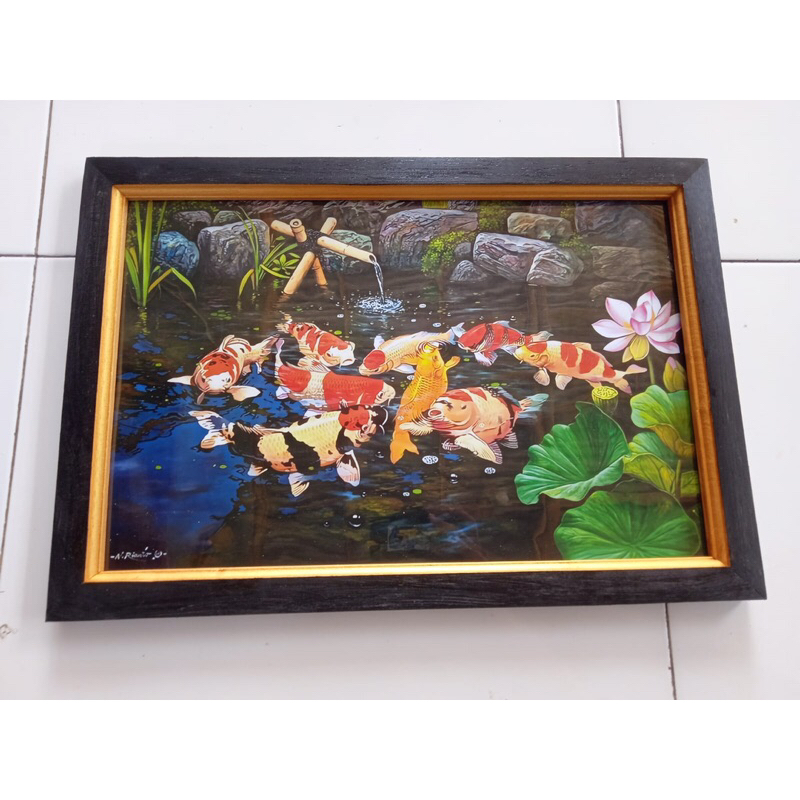 Hiasan Dinding Plus bingkai Lukisan Cetak 9ikan Koi dan pancuran air