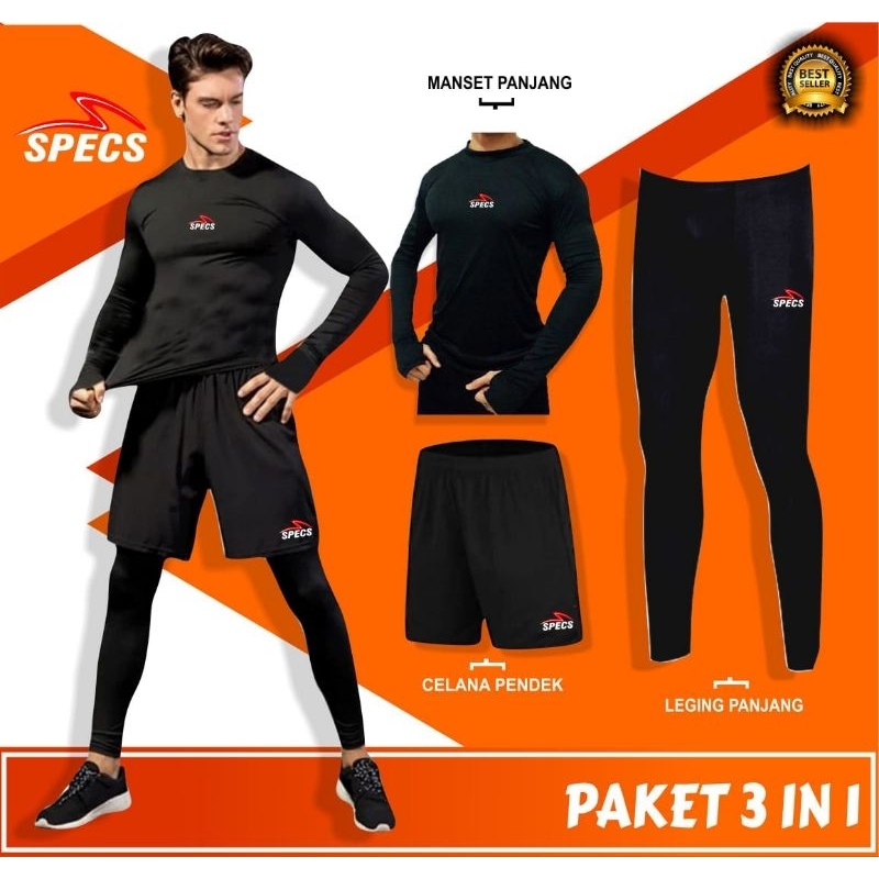 Paket 3 in 1 manset panjang leging panjang dan celana pendek olahraga pria wanita Futsal Sepak Bola