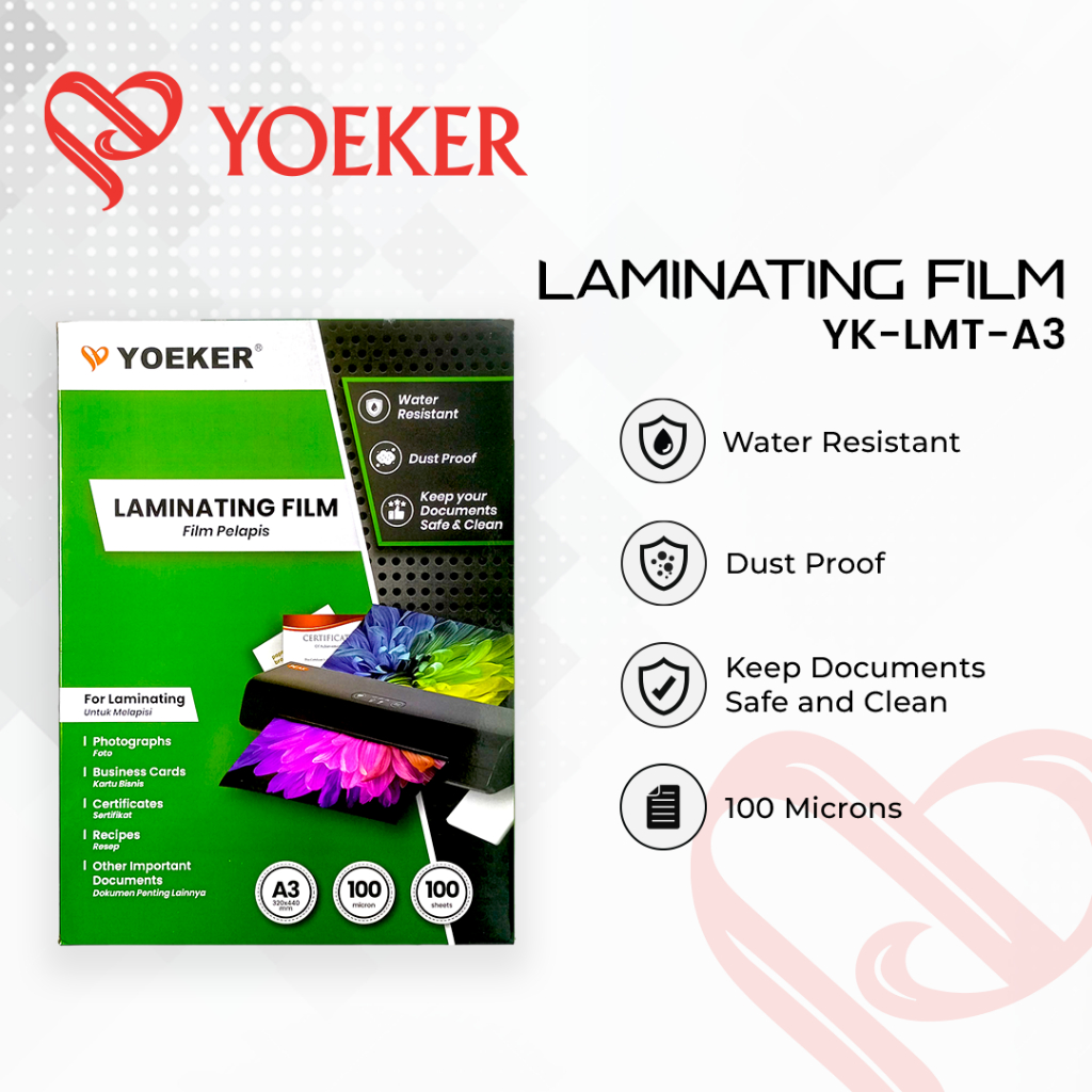 

(1 PAK=100PCS) Plastik Laminating A3 Yoeker