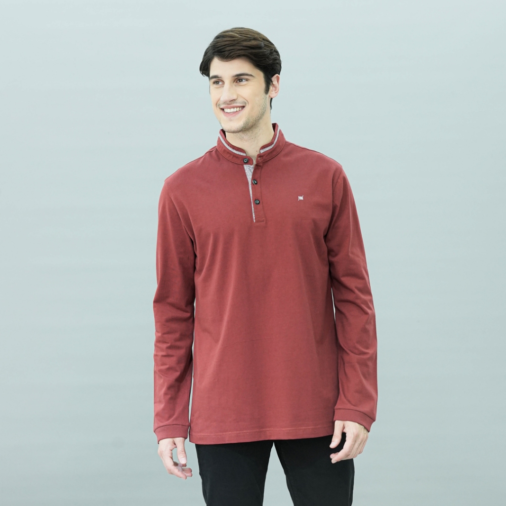 Johnwin - Kaos Henley - Kaos Lengan Panjang - Merah - Kerah Shanghai - APS.630.M457E.35.C-L/S - Free