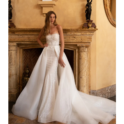 Mermaid wedding dress with detachable skirt, Off Shoulder Lace wedding gown, Lace Bridal gown, Beade