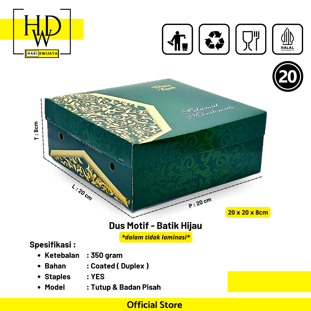 

Kemasan Dus / Kotak Nasi dan Snack Ukuran 20x20x8cm Full Colour - Motif Hijau Batik