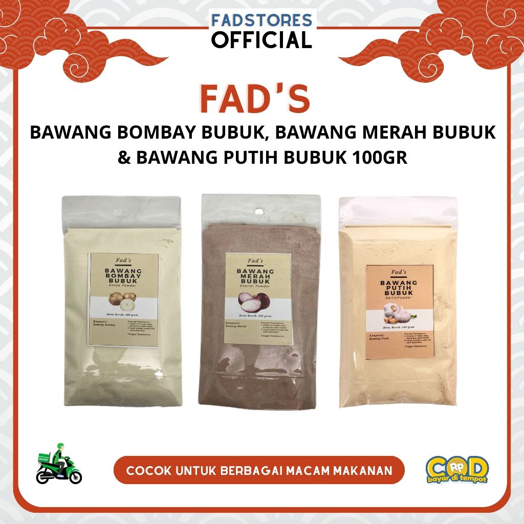 

Bubuk Bawang Putih Bubuk 100 Gram - Bawang Merah Bubuk 100 Gram - Bawang Bombay Bubuk 100 Gram - Fad's Rempah Bubuk