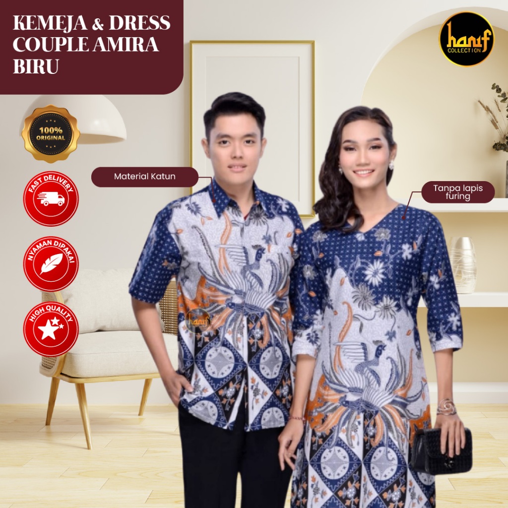 Pakaian Batik Amira Biru Kemeja Pria Dan Dress Wanita Baju Pesta Kondangan Kekinian