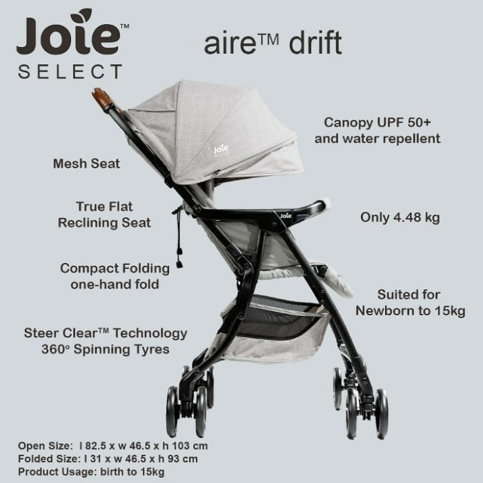 Stroller Bayi - Joie Select Airedrift Grey Flanel | Stroller Ringan Berat 4.5 kg Mudah Dilipat