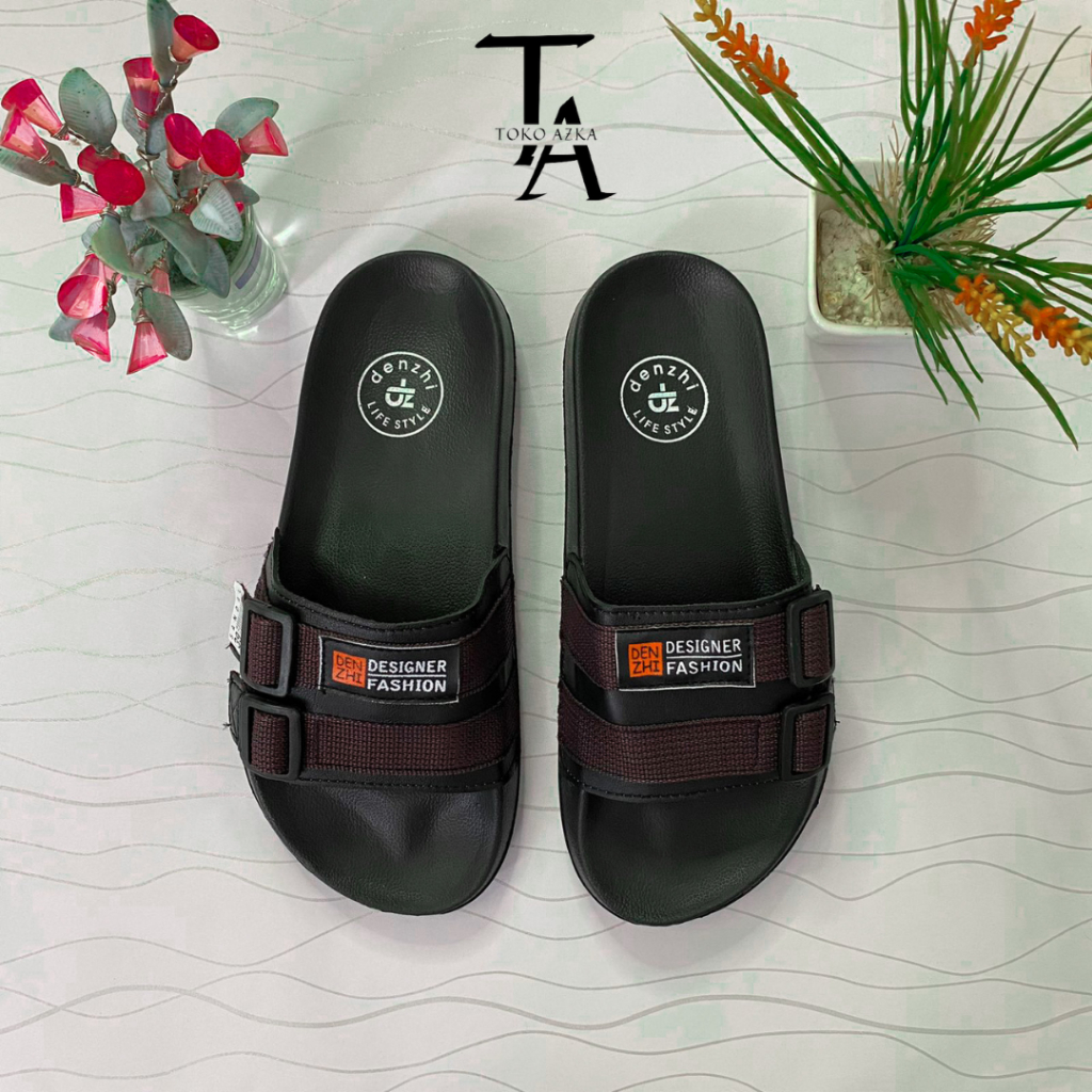 DENZHI - Sandal Pria Wanita Selop Hitam Selop Sandal Pria Wanita Karet Sandal Distro
